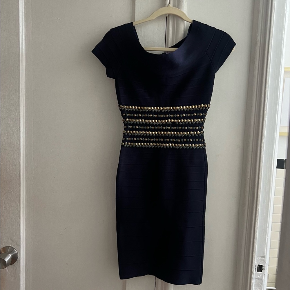 HERVE LEGER c2014 "Carmen" Navy Bandage Knit Studded Bodycon Cocktail Dress